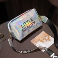 Holographic crossbody bag with Little Beauty text and logo patterned strap - White