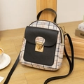 Mini beige plaid backpack with black flap and golden heart clasp for women - Black