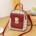 Mini beige plaid backpack with deep red flap and golden heart-shaped rotating lock - Red