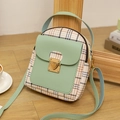 Mini plaid square backpack with light green leather flap and golden heart clasp - Green