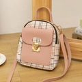 Mini plaid backpack with pink faux leather and gold metal clasp closure for women - Pink