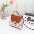 Chic plaid crossbody bag with brown faux leather flap and gold push-lock closure - Brown
