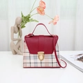 Elegant red leather and beige plaid crossbody bag with a round gold metal clasp - Red