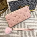 Pink heart embroidered long wallet with matching wristlet strap and plush pompom charm - Pink