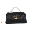 Quilted black cylinder handbag with pearl handle and golden chain crossbody strap - Black
