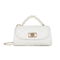 White quilted handbag with pearl handle, gold chain strap and turn-lock closure - White