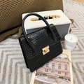 Classic black crocodile texture handbag with gold metal buckle and elegant chain strap - Black