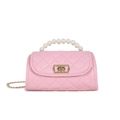 Elegant pink quilted handbag with large pearl handle and gold twist lock closure - Pink