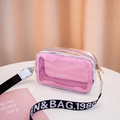 Pink transparent mini crossbody camera bag with silver mirror finish and printed strap - Pink