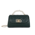 Mini dark green quilted bag with pearl handle and golden chain shoulder strap - Dark Green