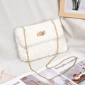 Elegant white faux fur shoulder bag with quilted texture and gold chain strap - White