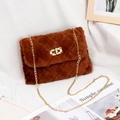 Brown faux fur quilted shoulder bag with golden chain strap and twist lock - Brown