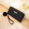 Quilted black long clutch wallet for women with golden zipper and fur pompom charm - Black