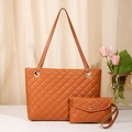 Brown quilted tote bag and matching pouch set with elegant diamond pattern and gold hardware - Brown