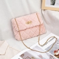 Pink plush crossbody shoulder bag with quilted pattern and gold chain strap - Pink