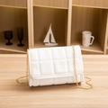 Elegant white quilted crossbody chain bag with golden strap on a wooden tabletop - White