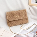 Quilted faux fur crossbody shoulder bag in camel with gold chain and turn-lock - Khaki