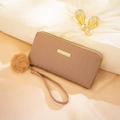 Elegant mauve women's long wallet with zigzag stitching and fluffy pompom keychain - Apricot