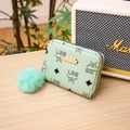 Mint green faux leather coin purse with alphabet print and fluffy fur ball keychain - Green