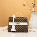Brown monogram small square handbag with white leather trim and gold chain strap - White