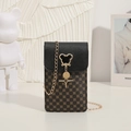 Brown monogram crossbody phone bag with black flap and golden mouse charm chain strap - Black