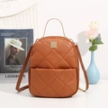 Brown mini PU leather backpack with diamond quilted pattern and golden metal plate - Brown