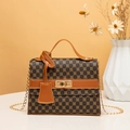 Brown monogram small square crossbody Kelly bag with leather handle and gold chain strap - Brown