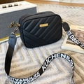 Black V-quilted crossbody bag with gold hardware and trendy lettered wide strap - Black