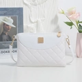 Minimalist white quilted shoulder bag with gold square metal piece and PU leather texture - White