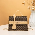 Retro geometric pattern Kelly bag in dark brown and beige with golden chain strap - Khaki