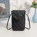 Black quilted crossbody phone bag with faux horn button and slim leather strap - Black