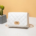 White quilted crossbody bag with gold chain strap and twist-lock closure for women - White