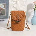 Brown quilted crossbody mobile phone bag with diamond stitching and horn buckle - Brown
