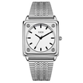 Minimalist silver square stainless steel watch with white dial and metal mesh strap - Silver Case White Dial