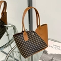 Vintage patterned tote bag with brown leather patchwork and gold circular metal buckle - Brown