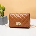 Brown quilted crossbody bag with gold chain strap and metallic rectangular turn-lock - Brown