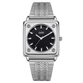 GEDI minimalist square women's watch with black dial and silver stainless steel mesh band - Silver Case Black Dial