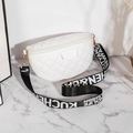 White quilted waist bag with embroidered wide strap and golden metal hardware - White