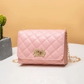 Pink quilted crossbody bag with gold chain strap and classic diamond lattice pattern - Pink