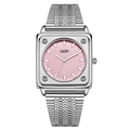 Minimalist square women's quartz watch with silver mesh band and pink dial finish - Silver Case Pink Dial