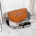 Brown quilted semi-circle waist bag with stylish wide jacquard ribbon strap for women - Brown
