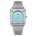 Minimalist square silver watch with light blue dial and metal mesh strap for women - Silver Case Light Blue Dial