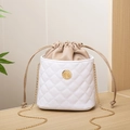 Stylish bucket bag in white quilted leather with khaki drawstring and gold chain strap - White