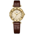 Vintage women's quartz watch with gold case, brown leather strap, and Roman numerals - Coffee Strap Gold Dial