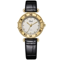 Vintage women's quartz watch with gold case, silver brushed dial and black leather strap - Black Strap White Dial