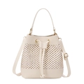 Beige woven bucket handbag with cream leather trim and gold-toned hardware straps - White