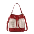 Red leather and straw woven bucket bag with top handle and adjustable shoulder strap - Red