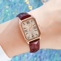 Luxury women's rectangular quartz watch with crystal dial and wine red leather strap - Rose Gold Case Rose Dial Red Strap