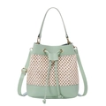 Mint green woven straw bucket bag with leather trim and adjustable shoulder strap - Light Green