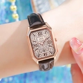 GEDI luxury rectangular rose gold watch with crystal dial and brown leather strap - Rose Gold Case Rose Dial Brown Strap